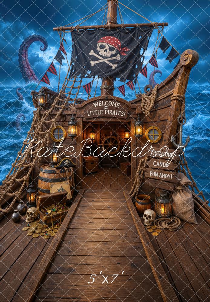 Kate Halloween Trunk or Treat Pirate Ship Treasure Skull Ocean Printed Backdrop Designed by Mini MakeBelieve