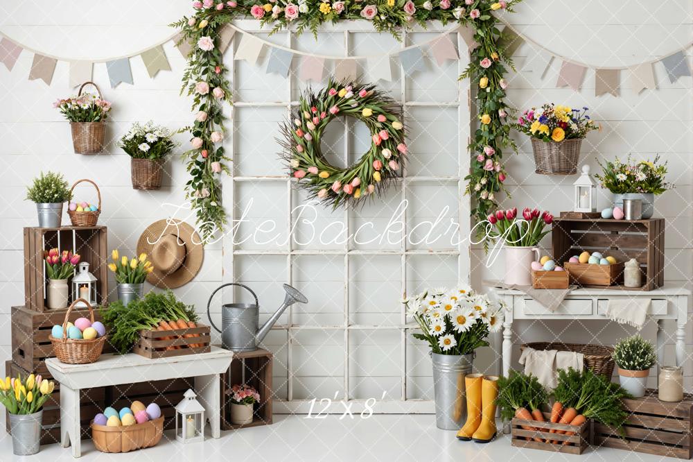 Kate Easter Bunny Spring Floral Crates Wreath Printed Backdrop Designed by Mini MakeBelieve