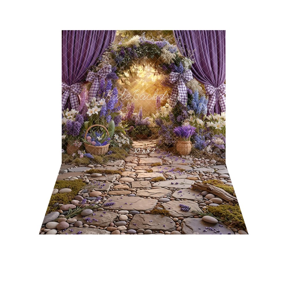 Kate Spring Flower Arch Purple Curtains Baskets Pathway Printed Backdrop+Cobblestone Path Moss Pebbles Driftwood Printed Backdrop