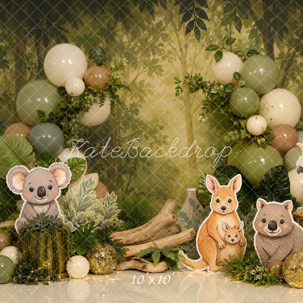 Kate Cake Smash Jungle Koala Kangaroo Wombat Balloon Garland Printed Backdrop Designed by Emetselch