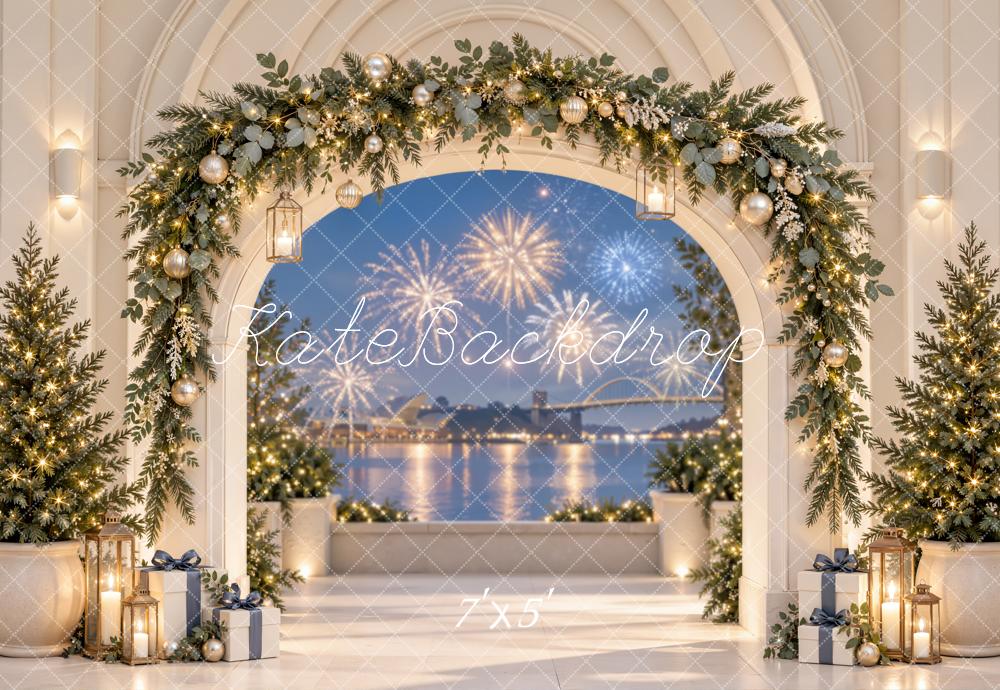 Kate Christmas Garland Arch Fireworks Waterfront Printed Backdrop Designed by Emetselch