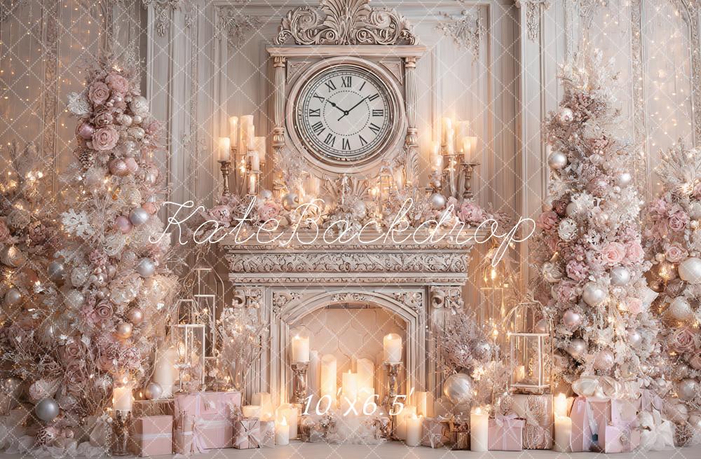 Kate Christmas Fireplace Clock Candles Tree Pink Luxury Backdrop Designed by Ashley Paul