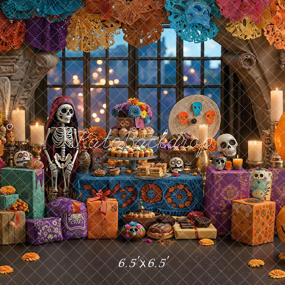 Kate Halloween Day Of The Dead Skeleton Colorful Pumpkins Floral Backdrop Designed by Emetselch