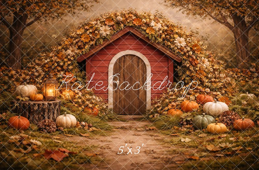 Kate Fall Red Cabin Pumpkin Flower Arch Forest Printed Backdrop Designed by Caitlin Lynch