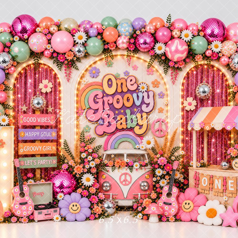 Kate 1st Birthday Groovy Baby Balloon Arch Camper Van Pink Printed Backdrop Designed by Ashley Paul
