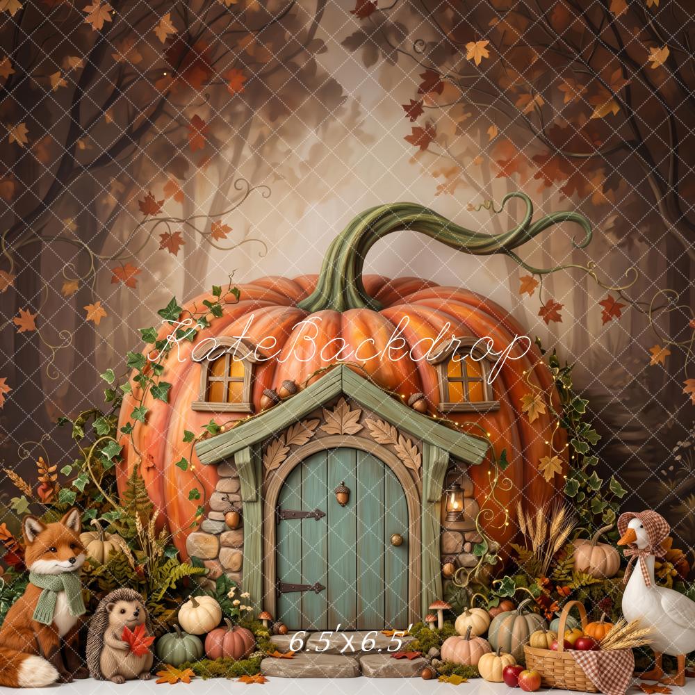 Kate Fall Pumpkin Cottage Woodland Animals Printed Backdrop Designed by Patty Roberts