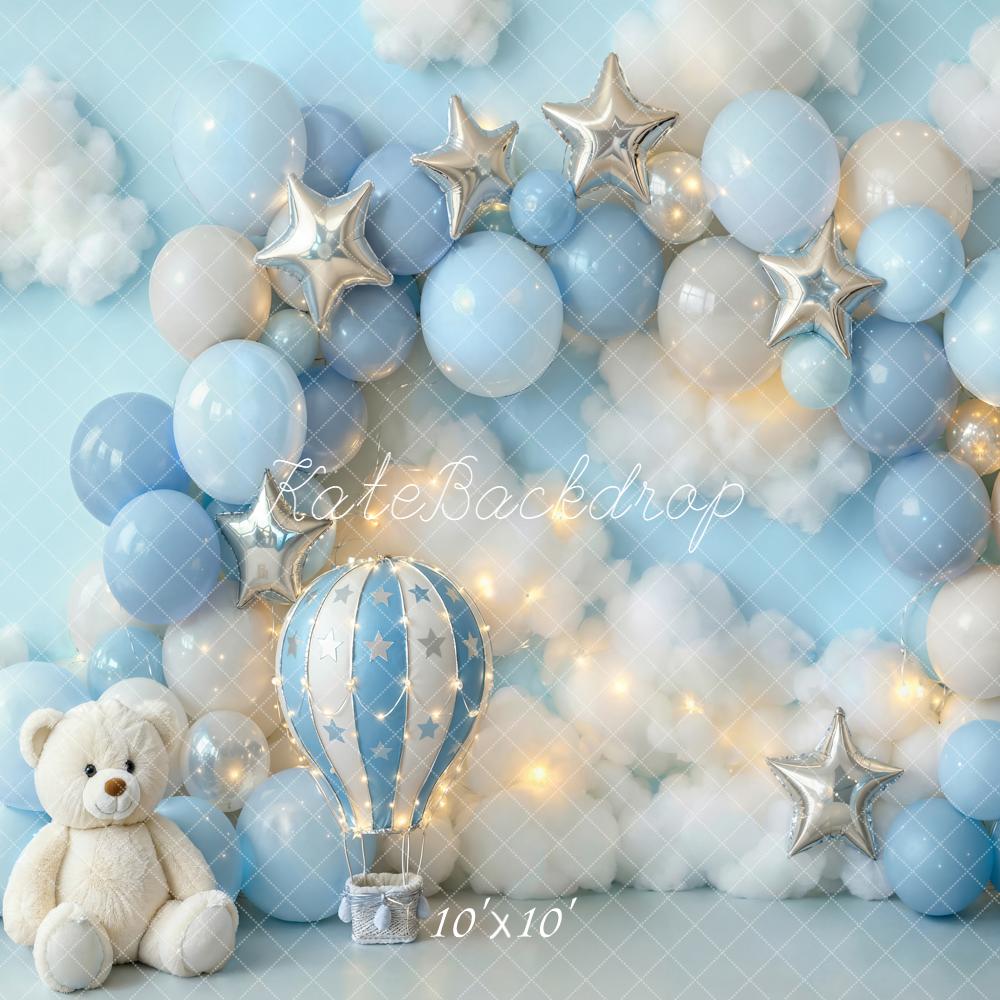 Kate Cake Smash Blue Balloon Arch Hot Air Balloon Teddy Bear Stars Printed Backdrop Designed by Emetselch