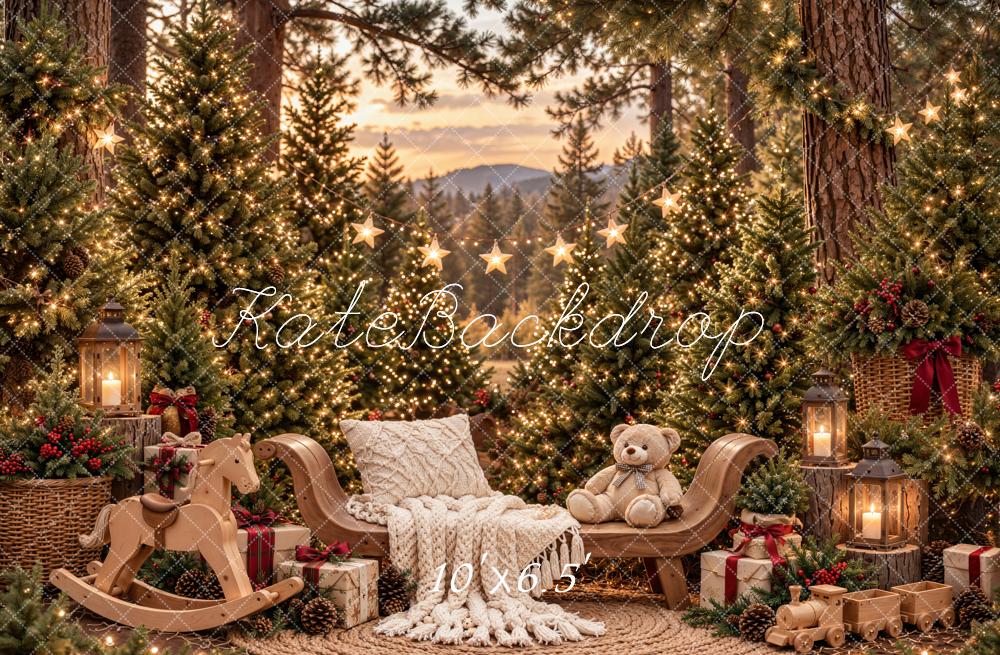 Kate Christmas Forest Cozy Rocking Horse Teddy Bear Printed Backdrop Designed by Emetselch