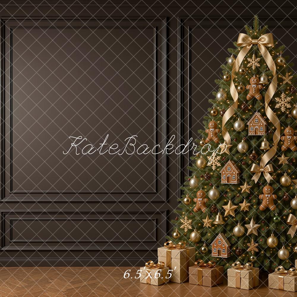 Kate Christmas Gingerbread Tree Gifts Black Paneled Wall Printed Backdrop Designed by Shutter Swan Studios