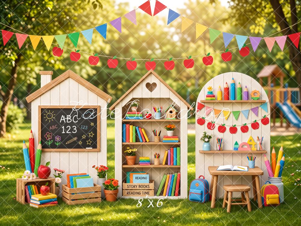 Kate Back To School Schoolyard Classroom Books Apples Printed Backdrop Designed by Patty Roberts