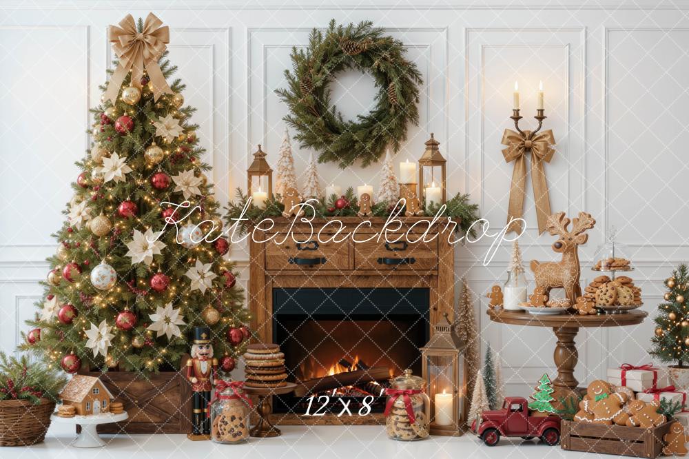 Kate Christmas Tree Wood Fireplace Wreath Gingerbread Cookies Printed Backdrop Designed by Mini MakeBelieve