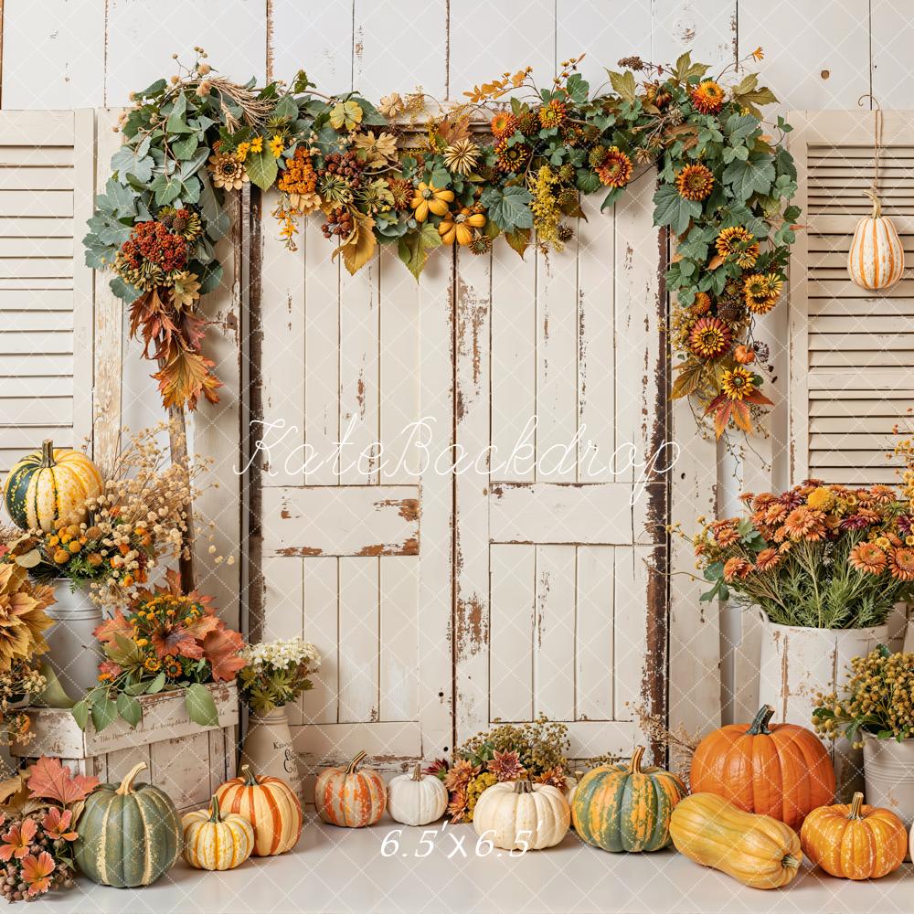 Kate Fall Pumpkins Floral White Door Leaves Backdrop Designed by Emetselch