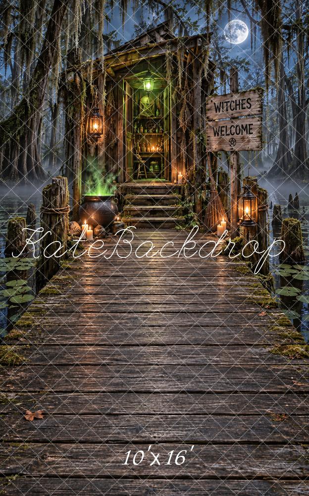 Kate Sweep Halloween Witch Cabin Moonlit Walkway Printed Backdrop Designed by Vertigo Productions