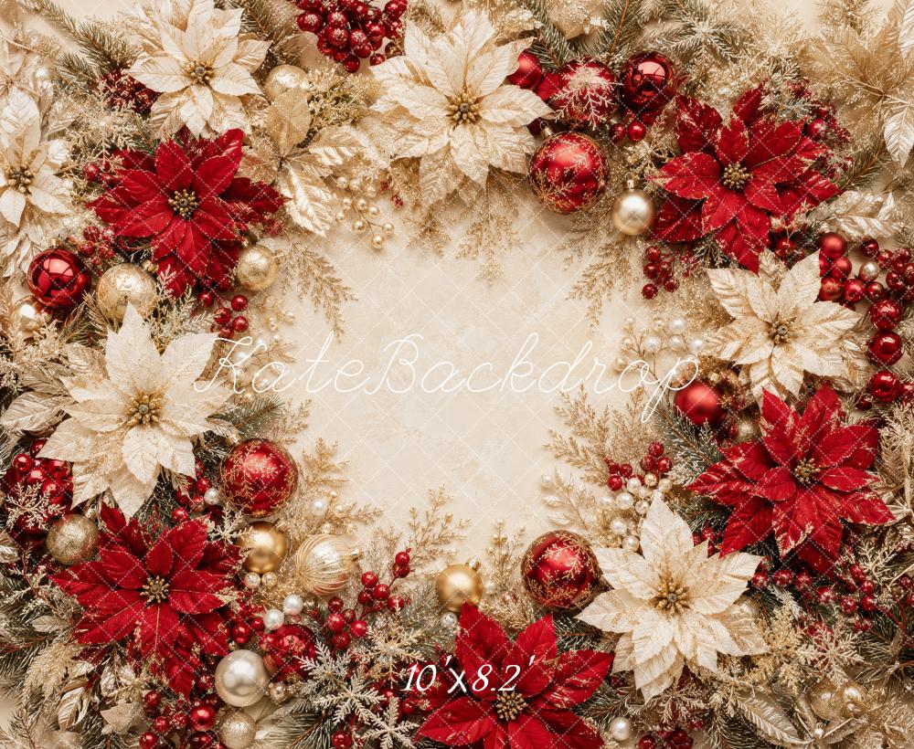 Kate Christmas Red Gold Poinsettia Wreath Ornaments Printed Backdrop Designed by Megan Leigh Photography