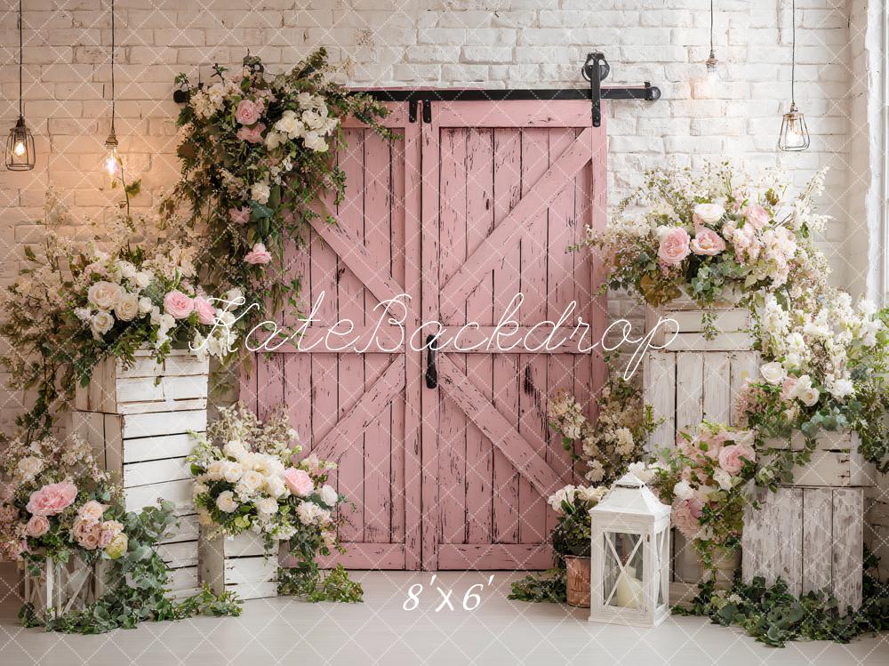Kate Spring Pink Barn Door Flower Arch White Crates Lantern Backdrop Designed by Ashley Paul