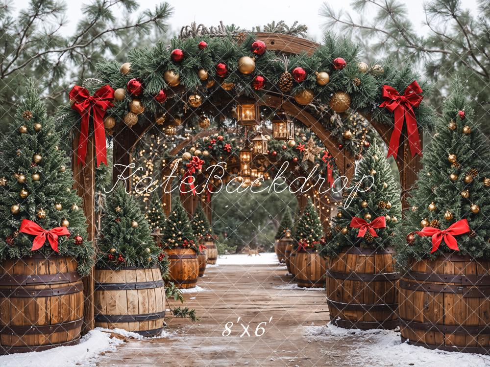 Kate Christmas Pine Arch Garland Wooden Barrels Lanterns Backdrop Designed by Emetselch