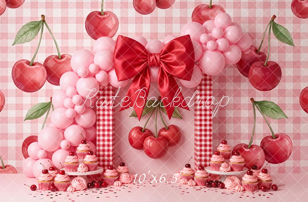 Kate Cake Smash Cherry Pink Gingham Balloon Arch Bow Cupcakes Backdrop Designed by Emetselch