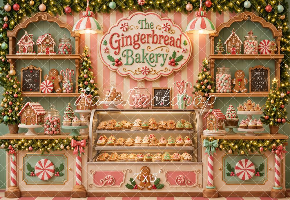 Kate Christmas Gingerbread Bakery Shop Candy Display Striped Wall Printed Backdrop Designed by Emetselch