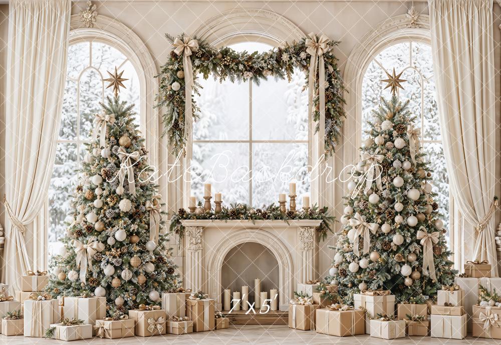 Kate Christmas Trees Fireplace Arched Windows White Curtains Printed Backdrop Designed by Emetselch