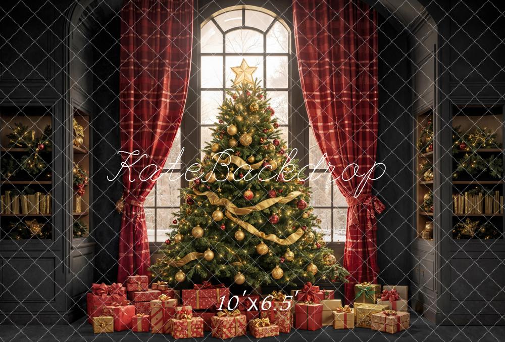 Kate Christmas Tree Red Plaid Curtains Window Gifts Backdrop Designed by Emetselch