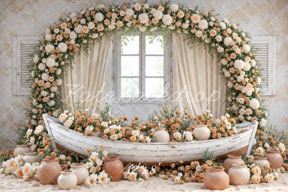 Kate Flower Arch Boat Window Vases Beige Floral Printed Backdrop Designed by Mini MakeBelieve