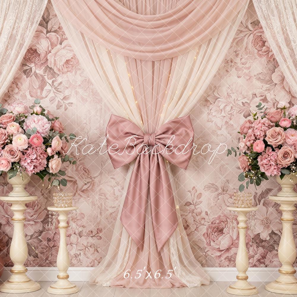 Kate Birthday Pink Floral Drapes Bow Balloons Printed Backdrop Designed by Patty Roberts
