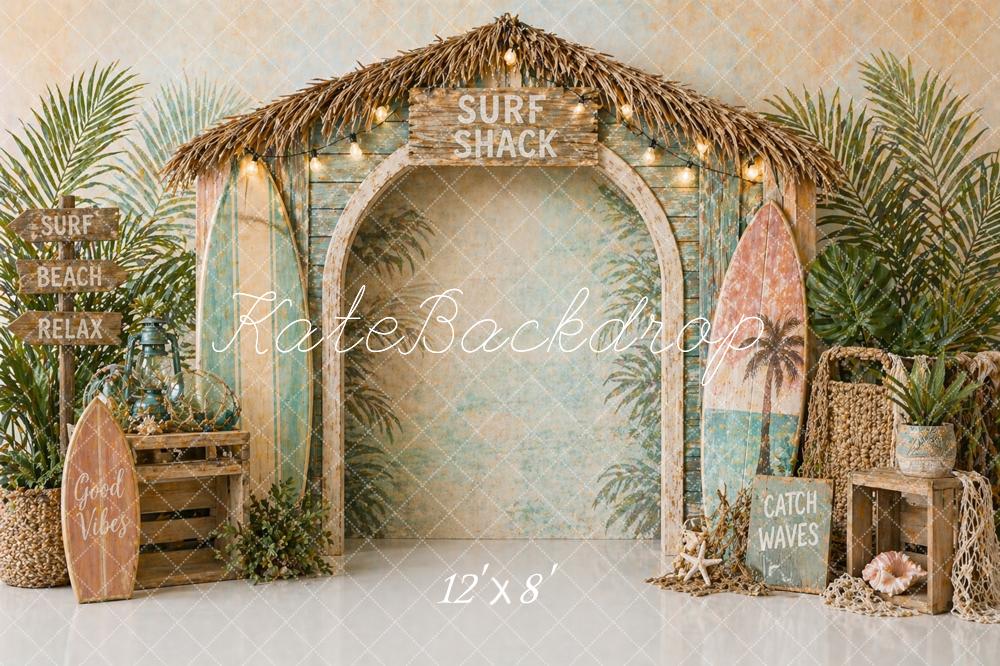 Kate Beach Surf Shack Hut Surfboards Palm Leaves Printed Backdrop Designed by Caitlin Lynch