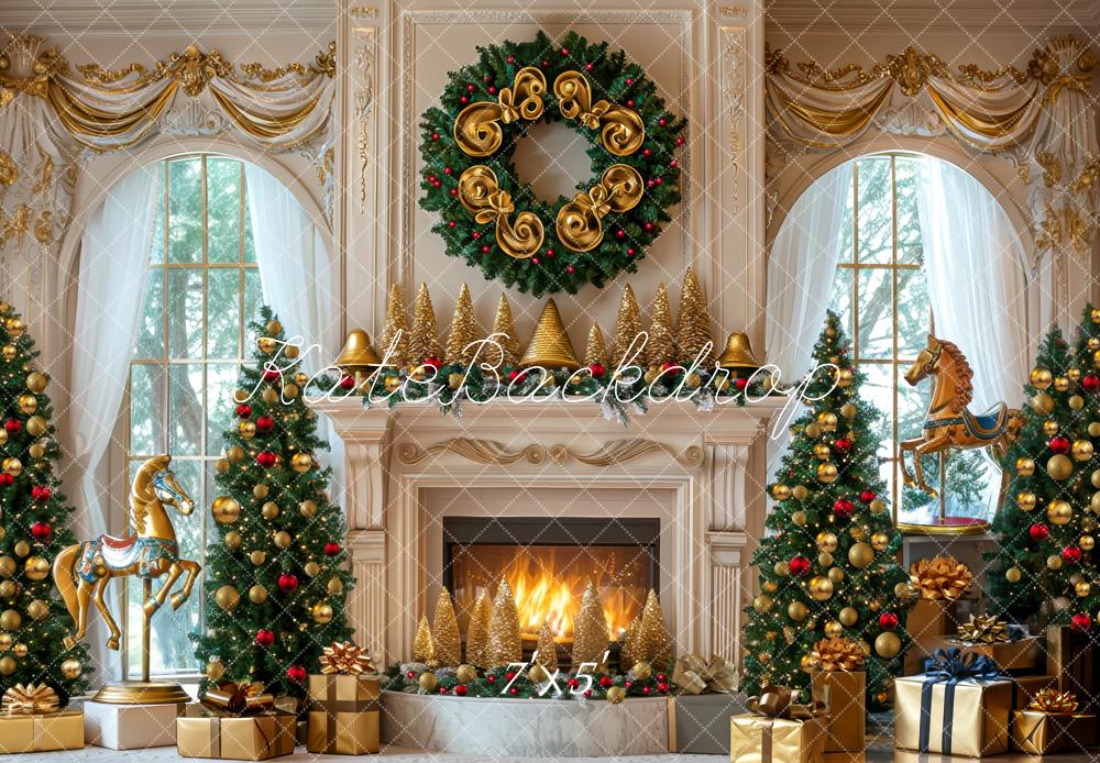 Kate Christmas Fireplace Gold Wreath Tree Carousel Backdrop Designed by Mini MakeBelieve