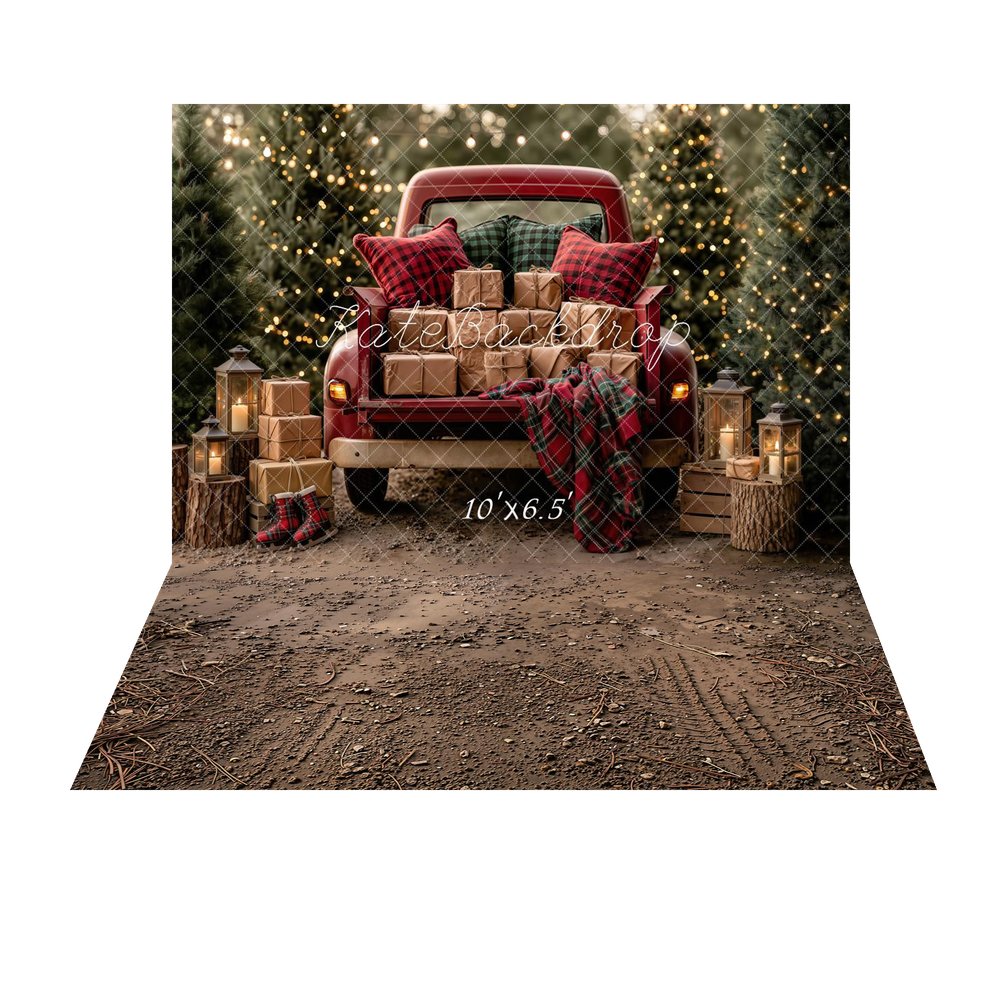Kate Christmas Red Truck Presents Pine Trees Lanterns Plaid Blanket Printed Backdrop+Brown Dirt Gravel Tire Track Floor Printed Backdrop