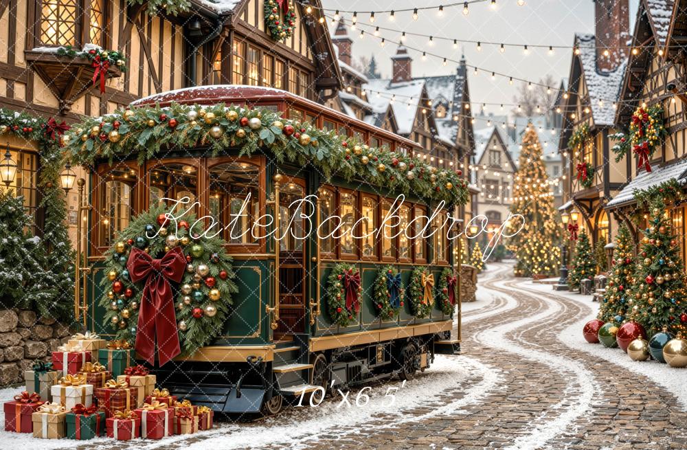 Kate Christmas Trolly Snowy Village Street Printed Backdrop Designed by Mini MakeBelieve