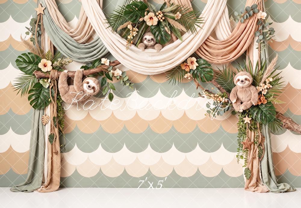 Kate Cake Smash Jungle Sloth Floral Drapery Printed Backdrop Designed by Angela Miller