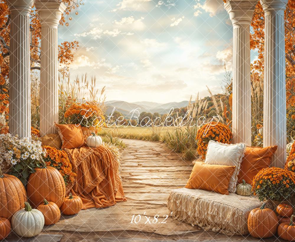 Kate Fall Rustic Pumpkins Columns Pathway Backdrop Designed by Emetselch