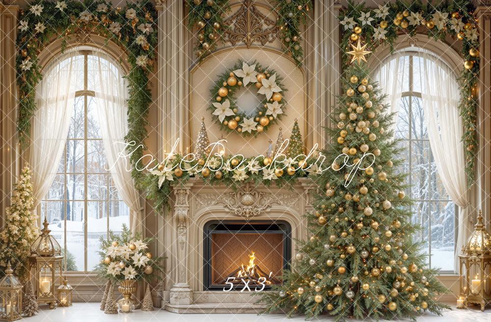Kate Christmas Tree Fireplace Wreath Garland Arched Window Printed Backdrop Designed by Mini MakeBelieve