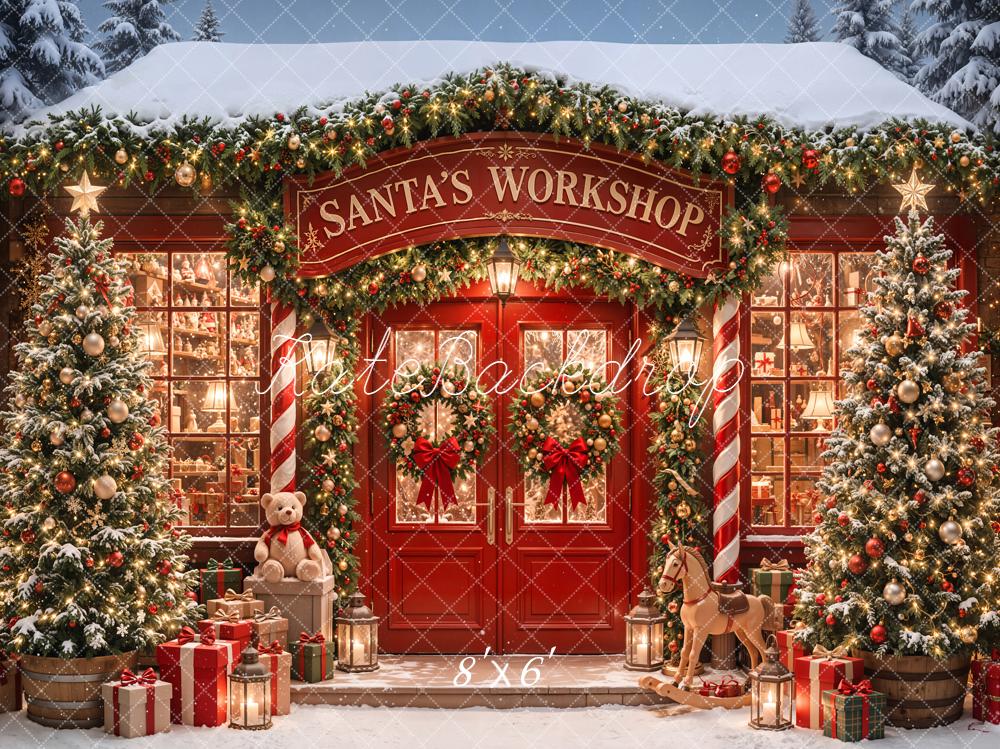Kate Christmas Santa's Workshop Red Door Trees Presents Printed Backdrop Designed by Emetselch