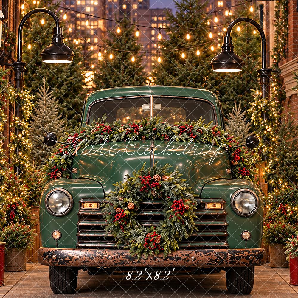 Kate Christmas Urban Green Vintage Truck Downtown Wreath Printed Backdrop Designed by Angela Miller