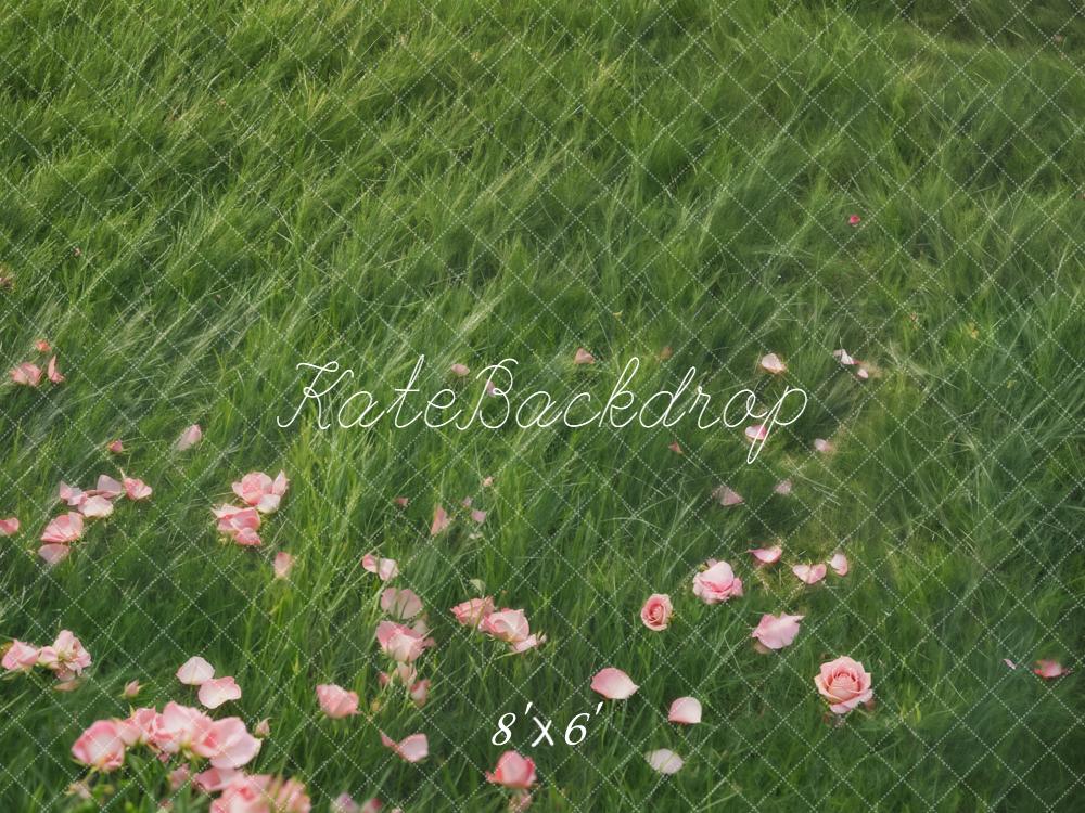 Kate Spring Green Grass Pink Rose Petals Floor Backdrop Designed by Emetselch