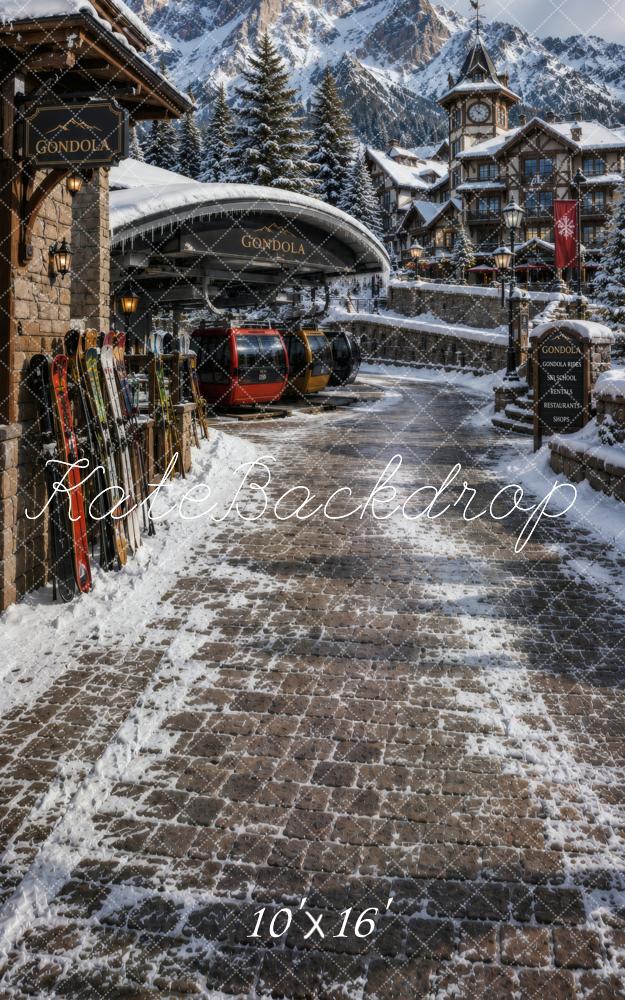 Kate Sweep Winter Ski Resort Gondola Alpine Village Snow Printed Backdrop Designed by Vertigo Productions