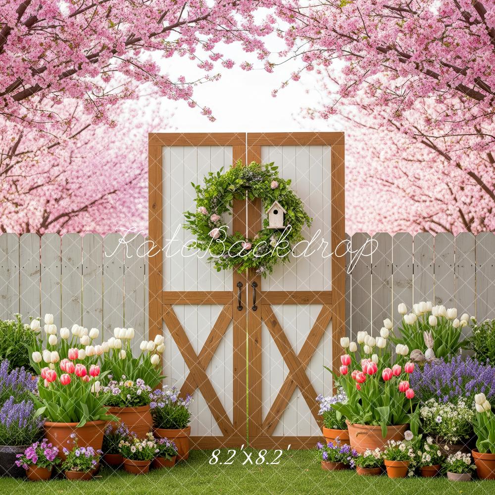 Kate Spring Garden White Fence Gate Pink Cherry Blossom Backdrop Designed by Patty Roberts