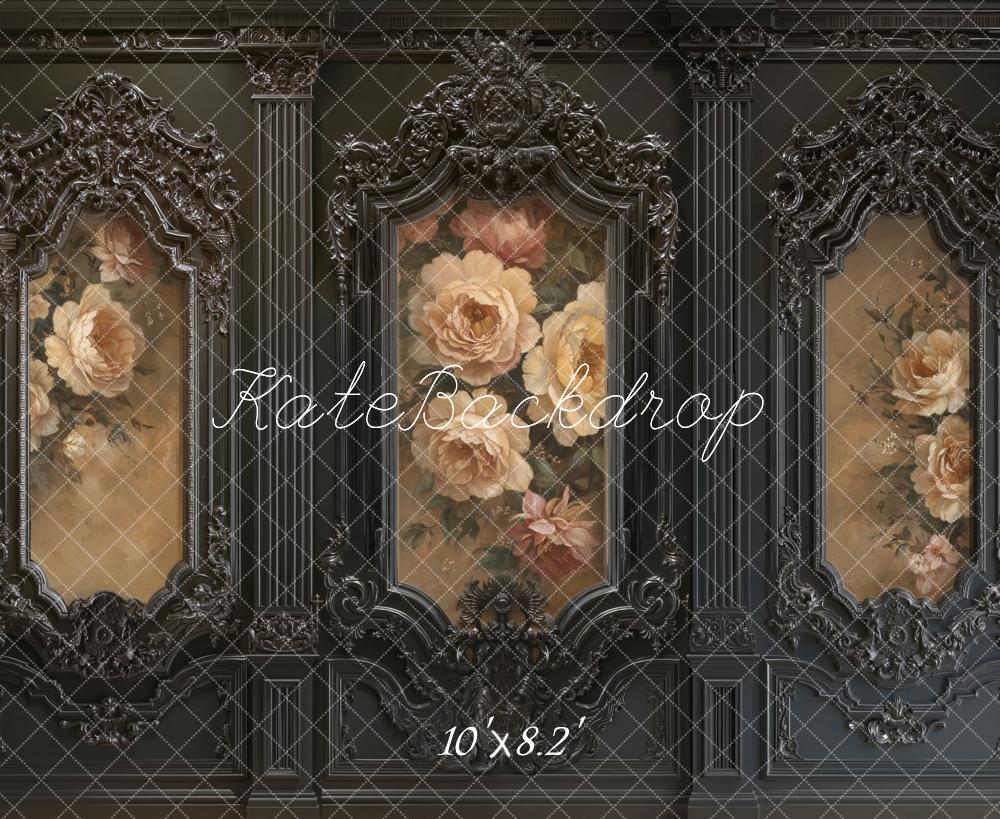 Kate Black Ornate Vintage Wall Floral Roses Printed Backdrop Designed by Emetselch