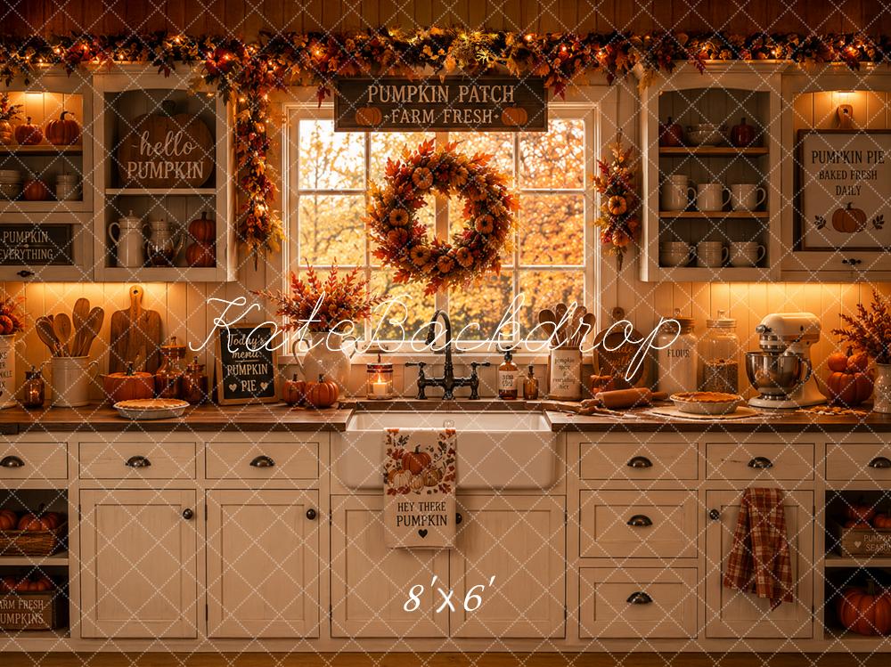 Kate Fall Pumpkin Farmhouse Kitchen Wreath Window Printed Backdrop Designed by Caitlin Lynch