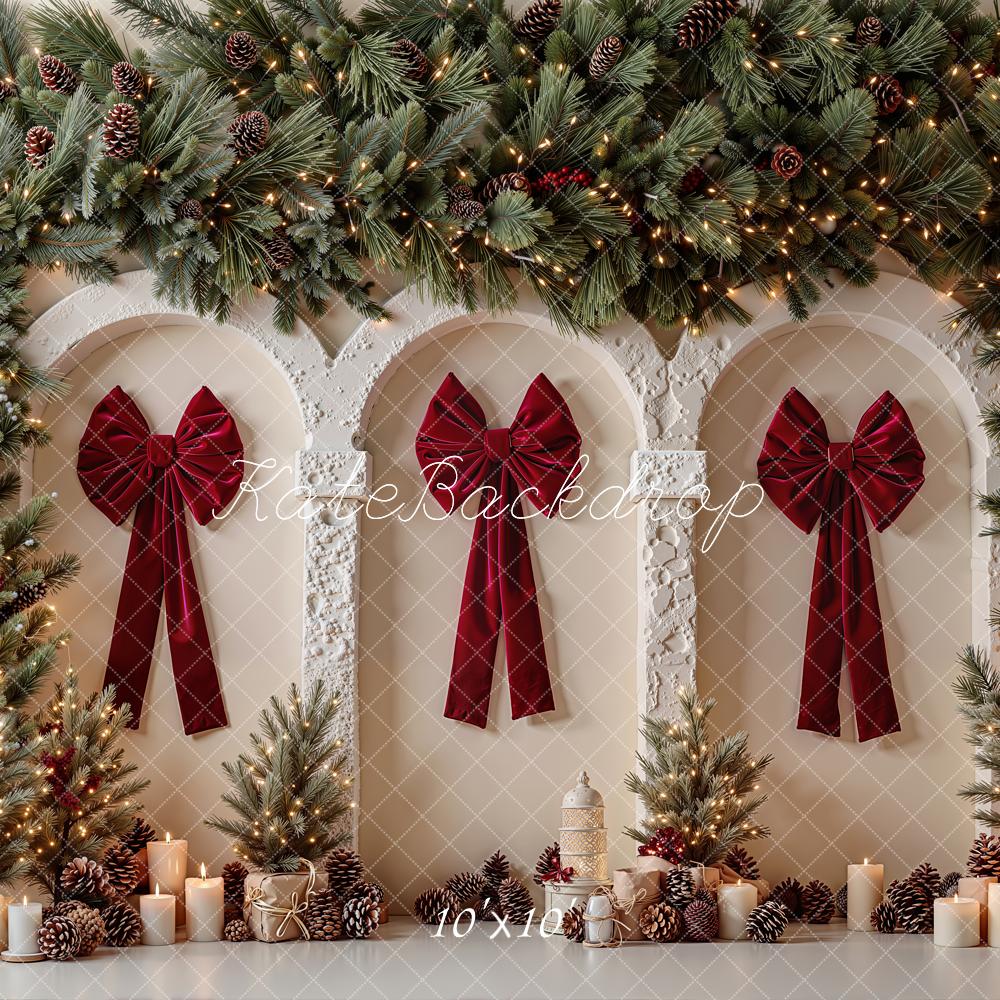 Kate Christmas Red Bow Arches Pine Garland Candles Printed Backdrop Designed by Emetselch