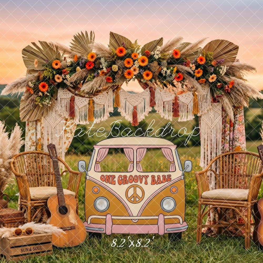 Kate Boho Flower Arch Groovy Truck Field Guitar Printed Backdrop Designed by Patty Roberts