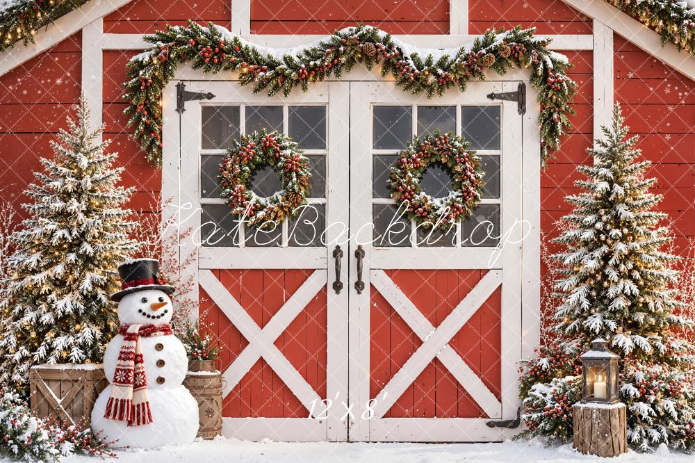 Kate Christmas Red Barn Snowman Pine Trees Printed Backdrop Designed by Emetselch