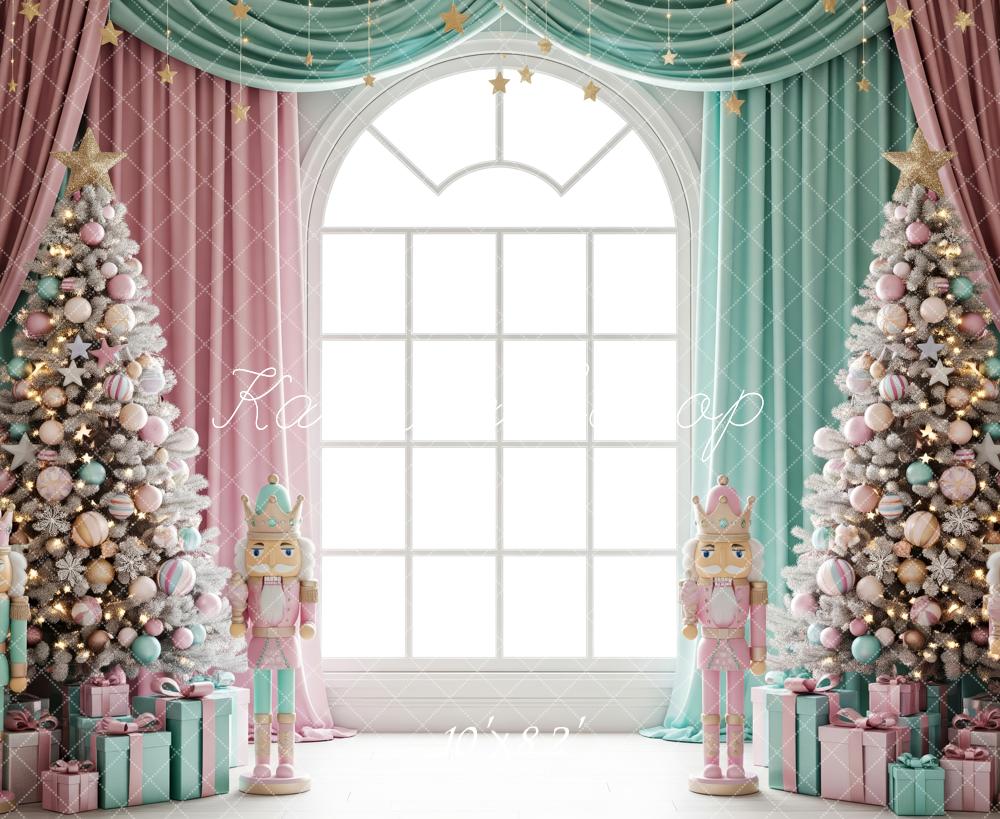 Kate Christmas Nutcracker Pink Teal Christmas Tree Window Curtains Backdrop Designed by Patty Roberts