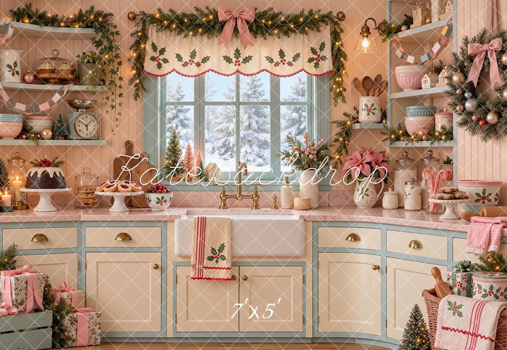 Kate Christmas Kitchen Pink White Garland Baking Printed Backdrop Designed by Shutter Swan Studios