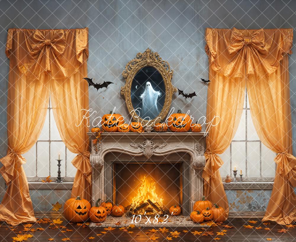 Kate Halloween Pumpkin Fireplace Bow Curtains Ghost Mirror Backdrop Designed by Emetselch