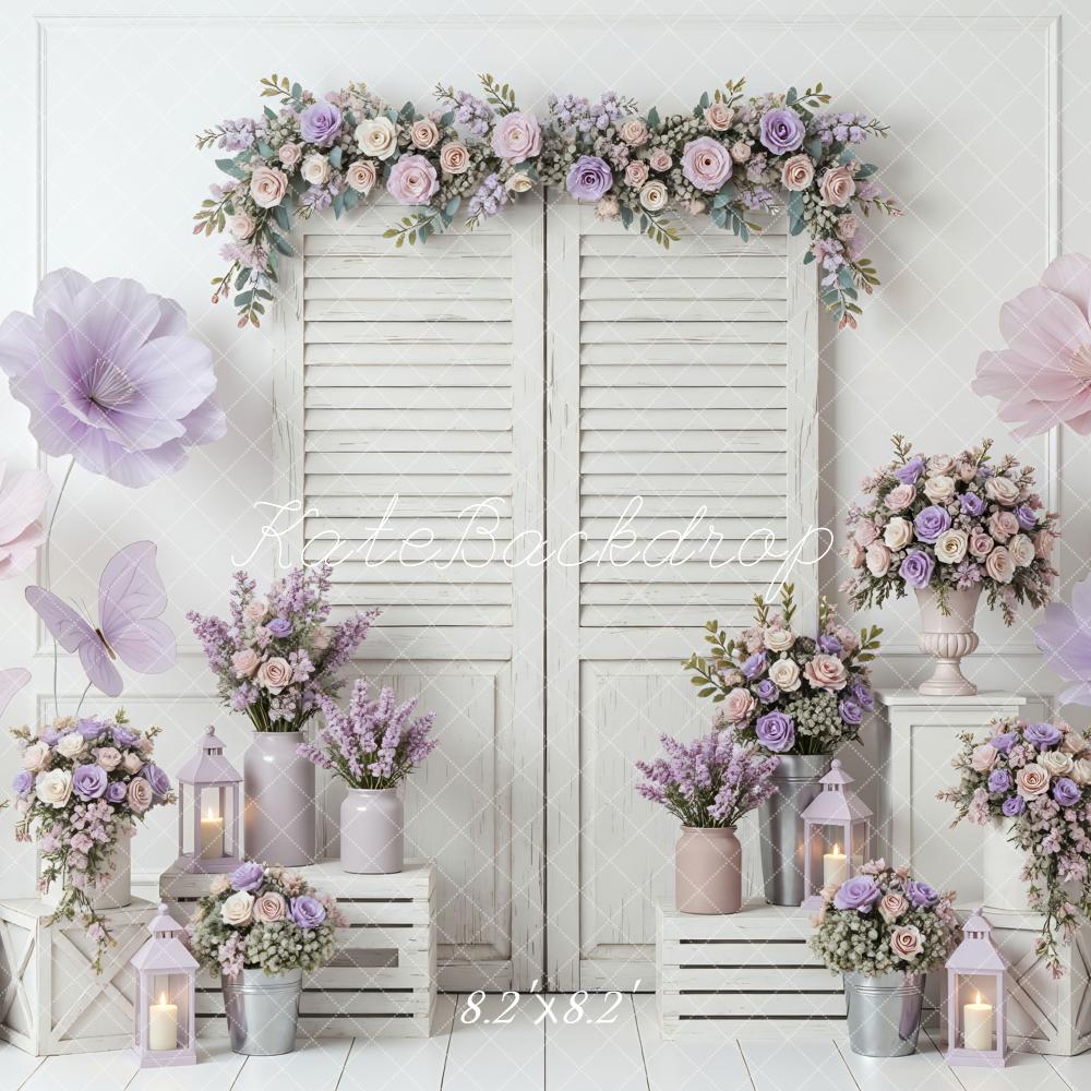 Kate Spring Lavender Flower Arch Shutter Doors Butterflies Lanterns Backdrop Designed by Mini MakeBelieve