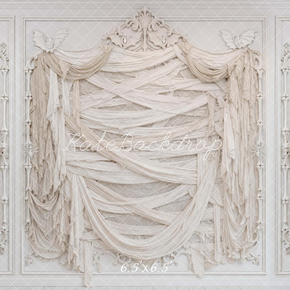 Kate Halloween Mummy Wall White Drapes Printed Backdrop Designed by Mini MakeBelieve