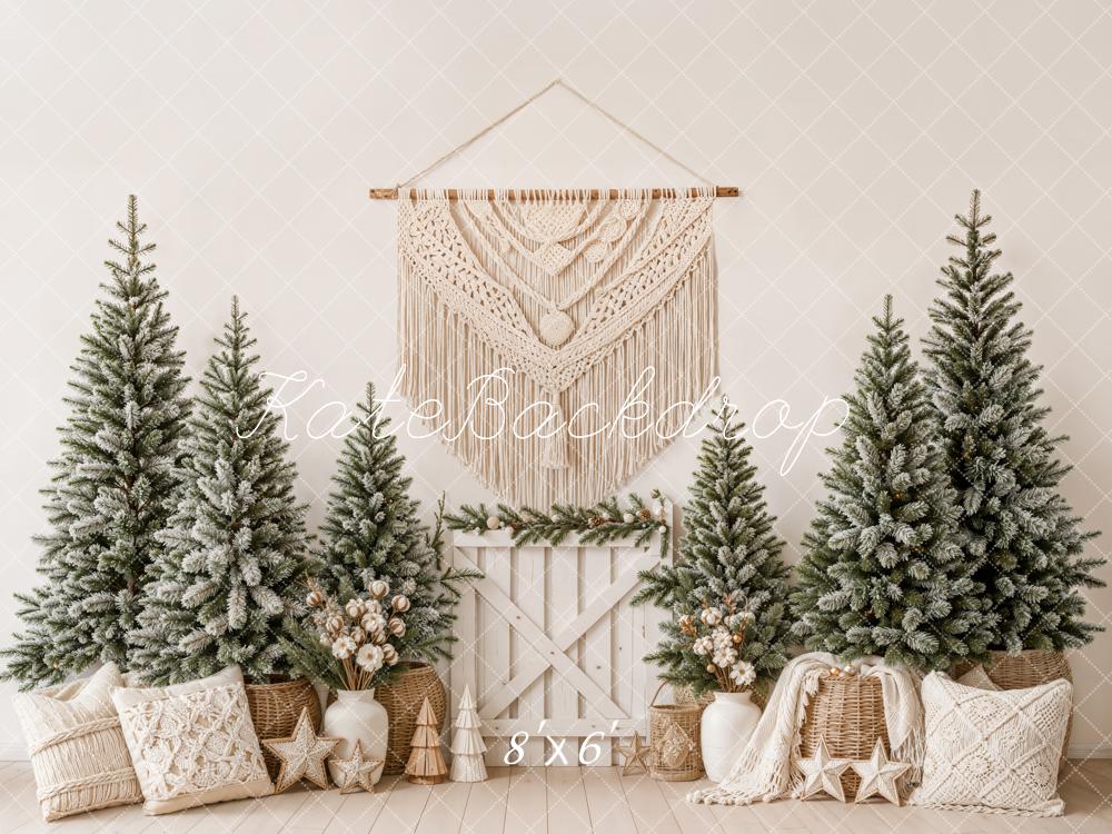 Kate Christmas Boho Snowy Pine Trees Macrame Pillows Printed Backdrop Designed by Emetselch