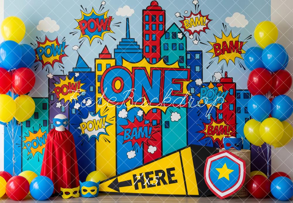 Kate Cake Smash Superhero Comic City Skyline Pop Art Backdrop Backdrop Designed by Patty Roberts